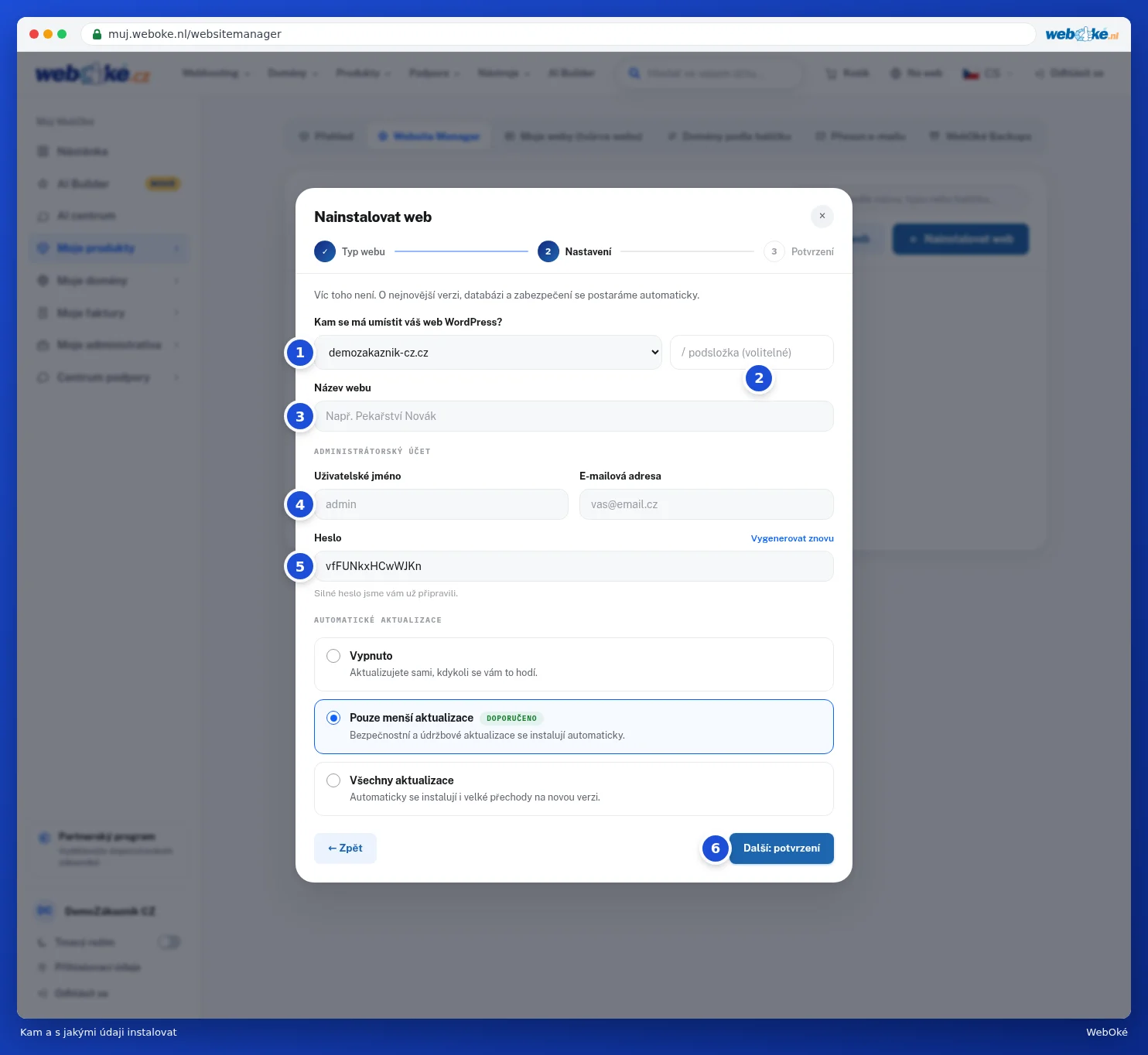 Instalační obrazovka s doménou, podsložkou, názvem webu, administrátorským účtem a automatickými aktualizacemi