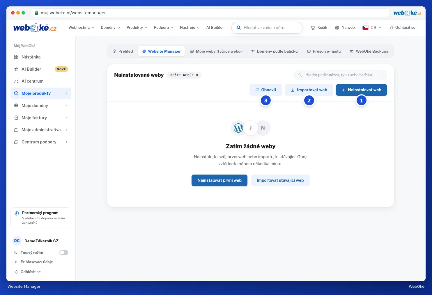 Správce webu bez webů s tlačítky Nainstalovat web a Importovat web