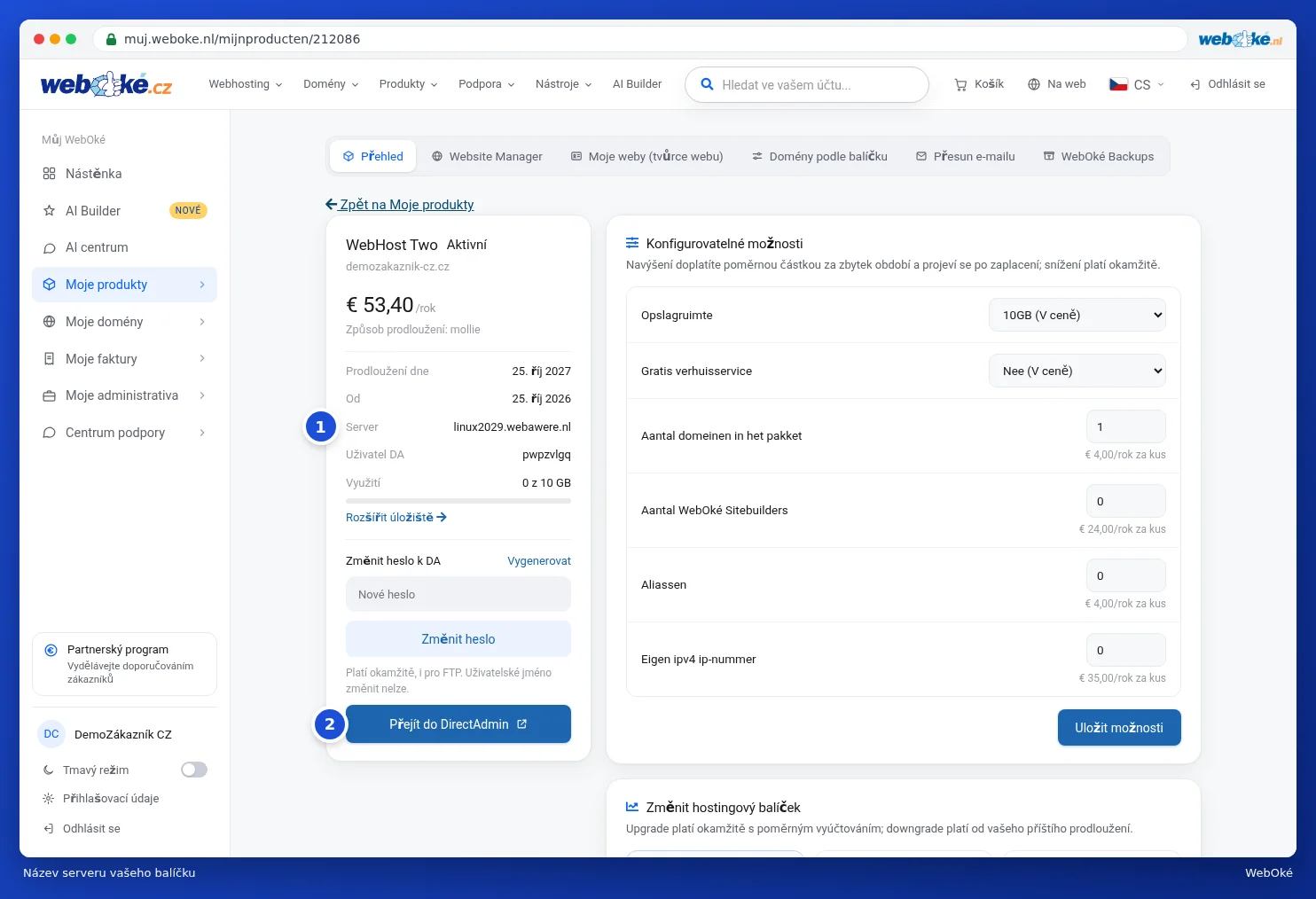 Stránka produktu s názvem serveru u položky Server a tlačítkem Přejít do DirectAdmin