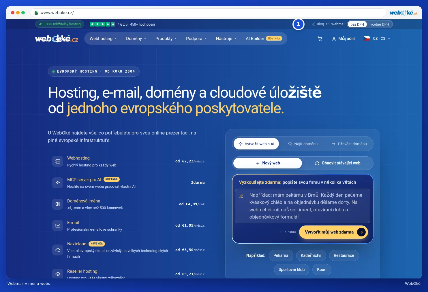 Odkaz Webmail vpravo nahoře na webu