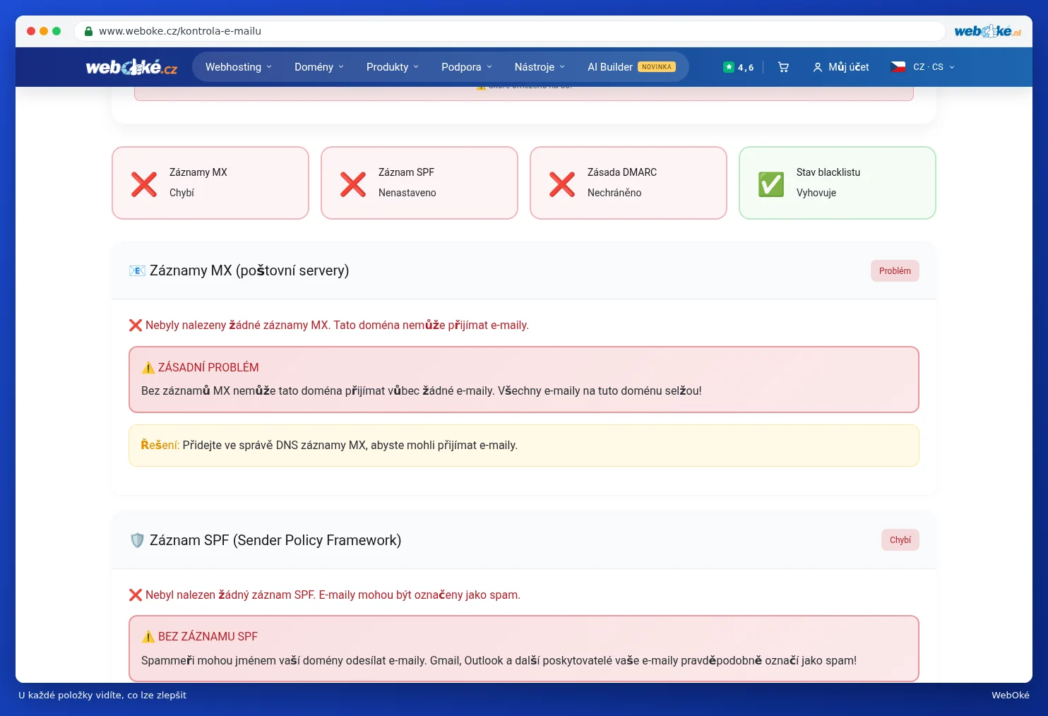 Sekce MX Records, SPF Record, DMARC Policy a Blacklist Status