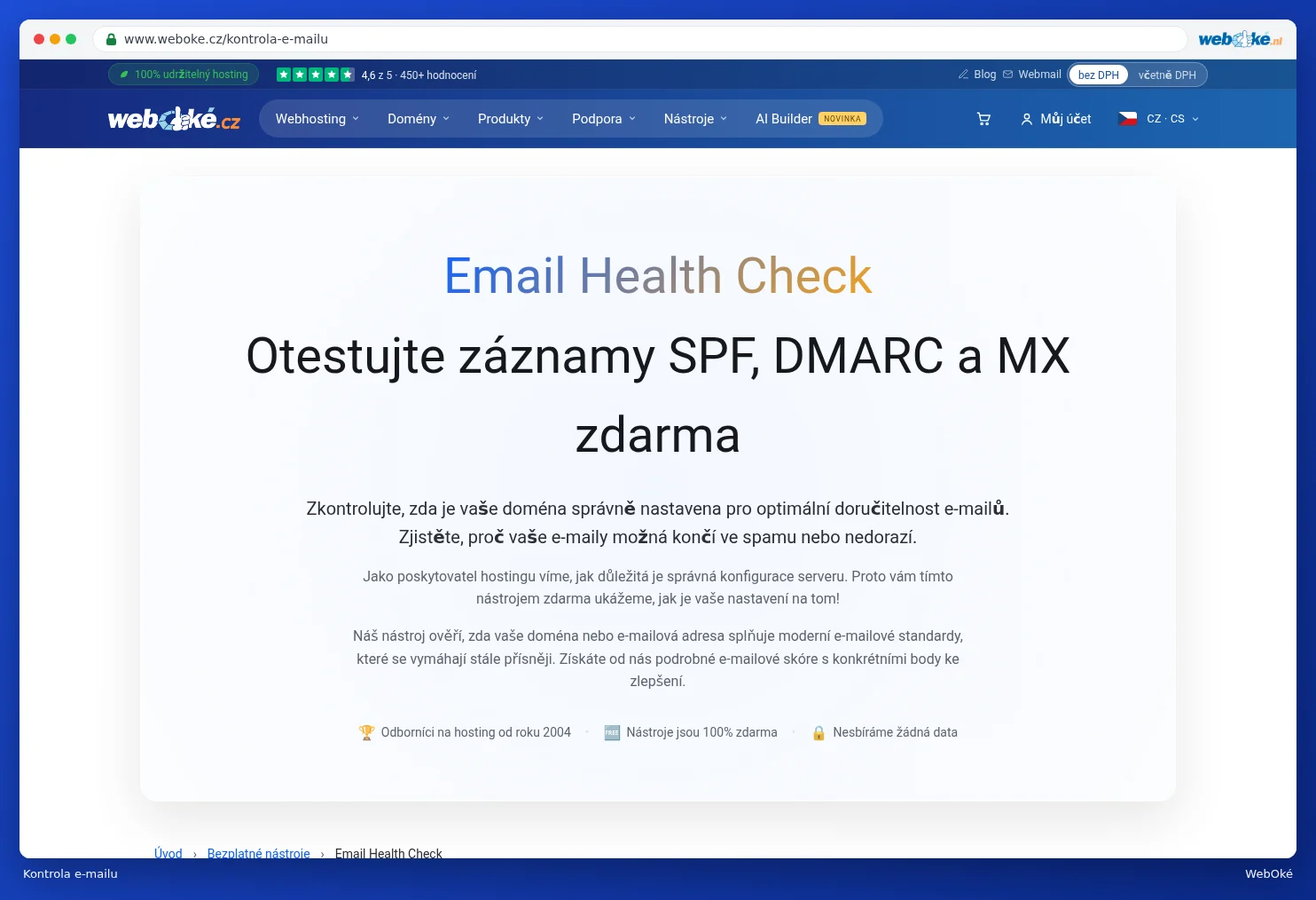 Kontrola e-mailu na webu s polem pro zadání