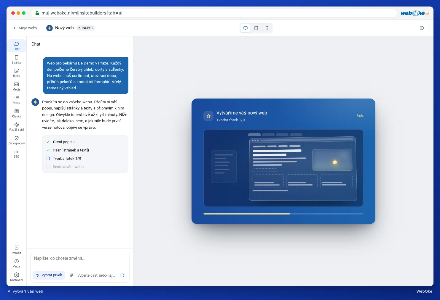 Obrazovka vytváření webu, zatímco AI web buduje, s ukazatelem průběhu