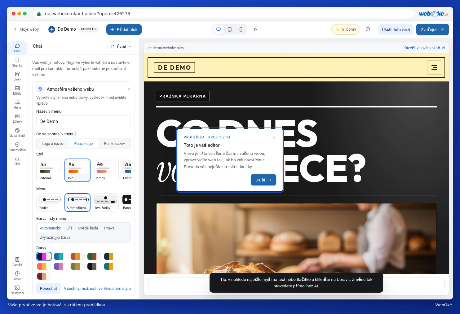 První verze webu pekárny De Demo s kartou Atmosféra vašeho webu vlevo