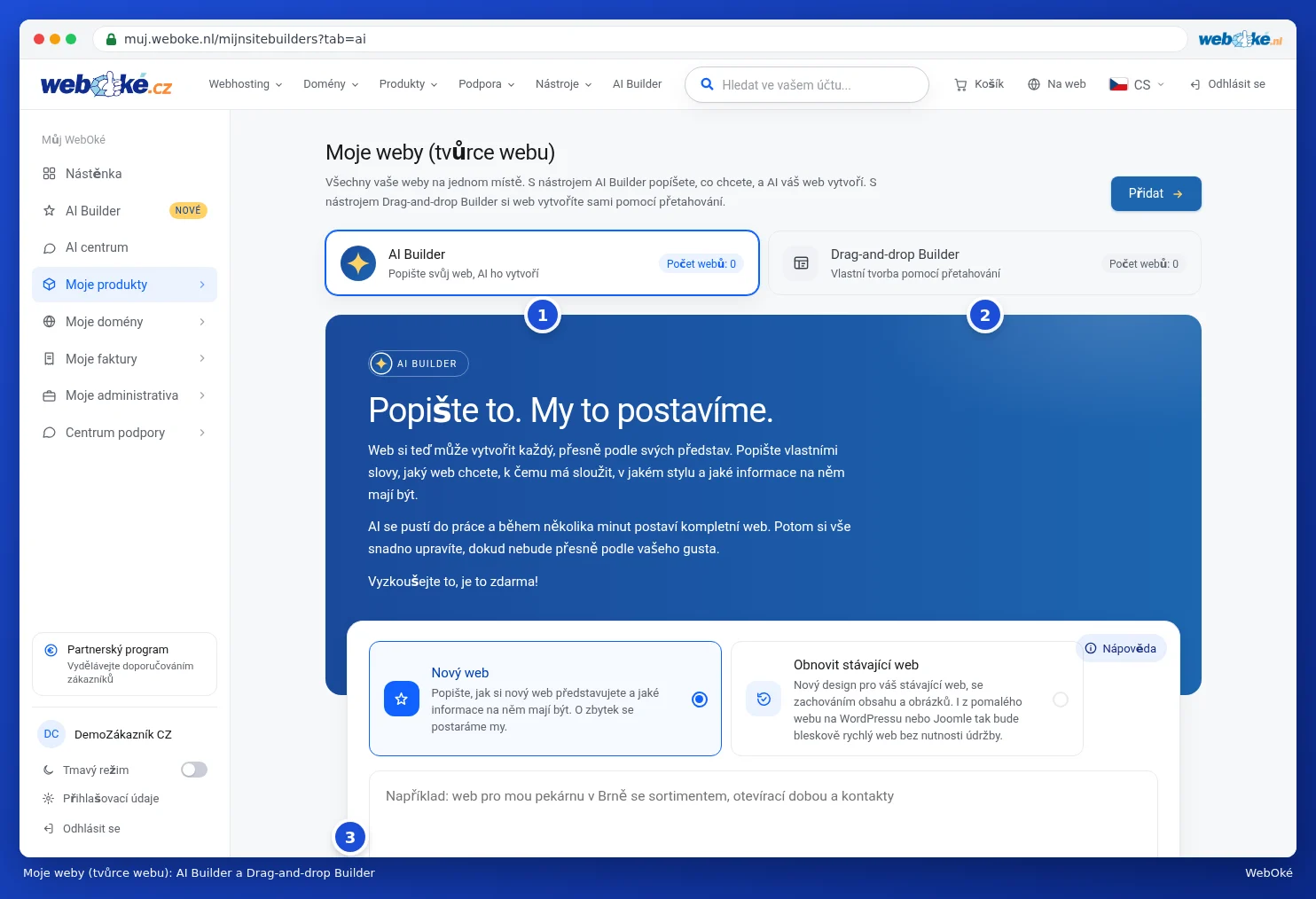 Moje weby (tvůrce webu) se záložkami AI Builder a Drag-and-drop Builder
