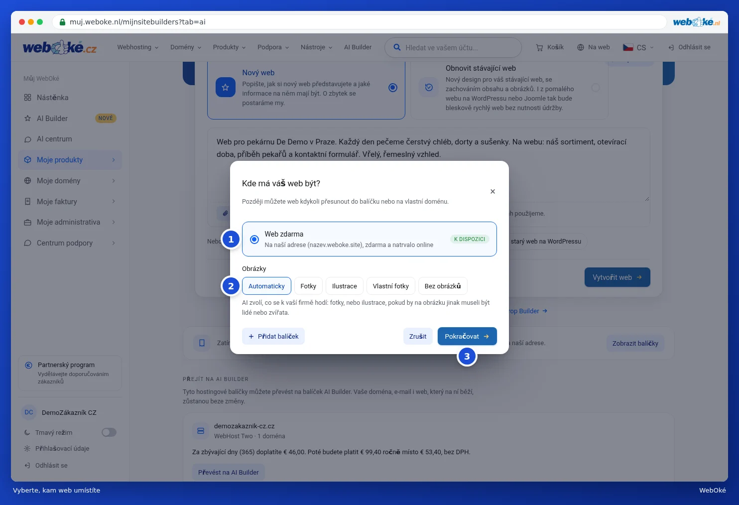 Okno Kde má váš web být s možností Web zdarma