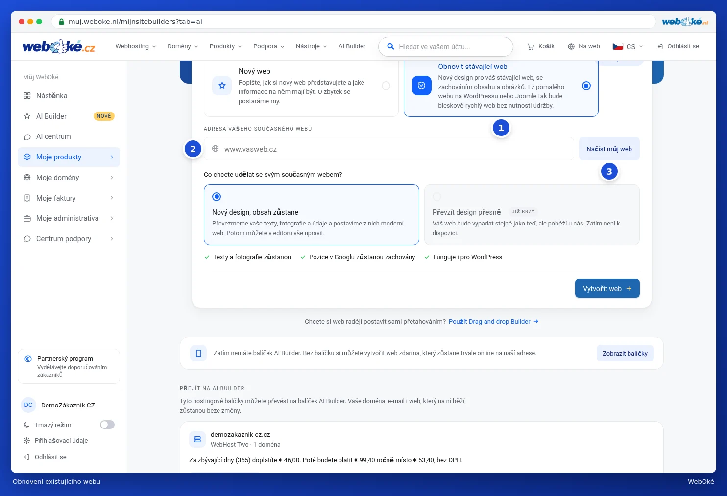 Volba Obnovit stávající web s polem pro adresu současného webu