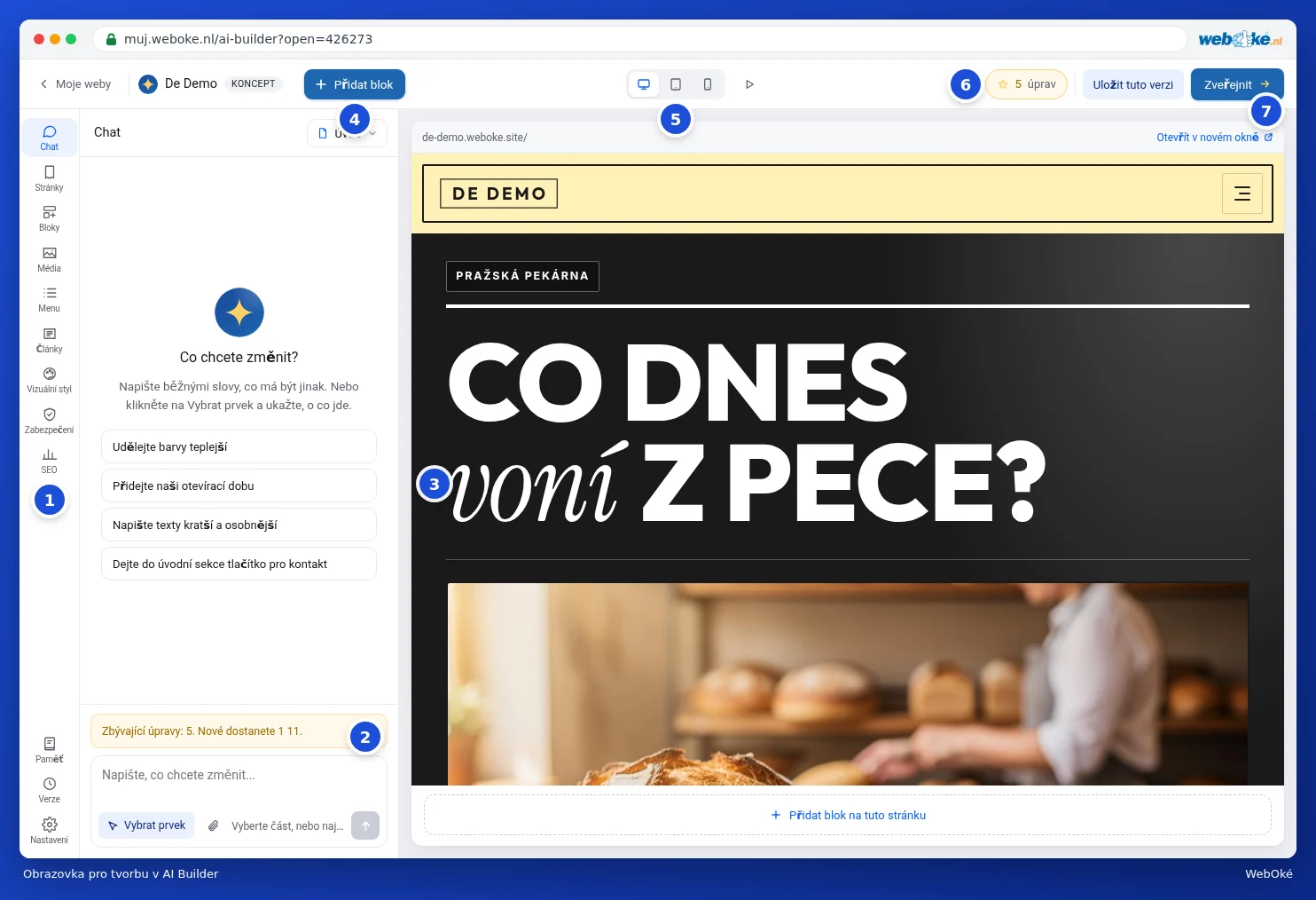 Editor s lištou a chatem vlevo a náhledem webu vpravo