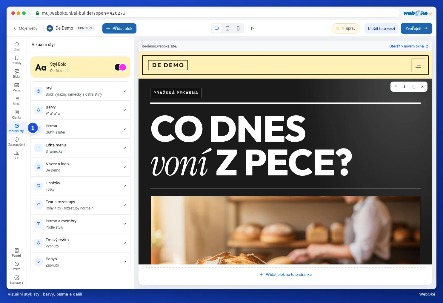 Panel Vizuální styl se Stylem, Barvami, Fonty a dalším