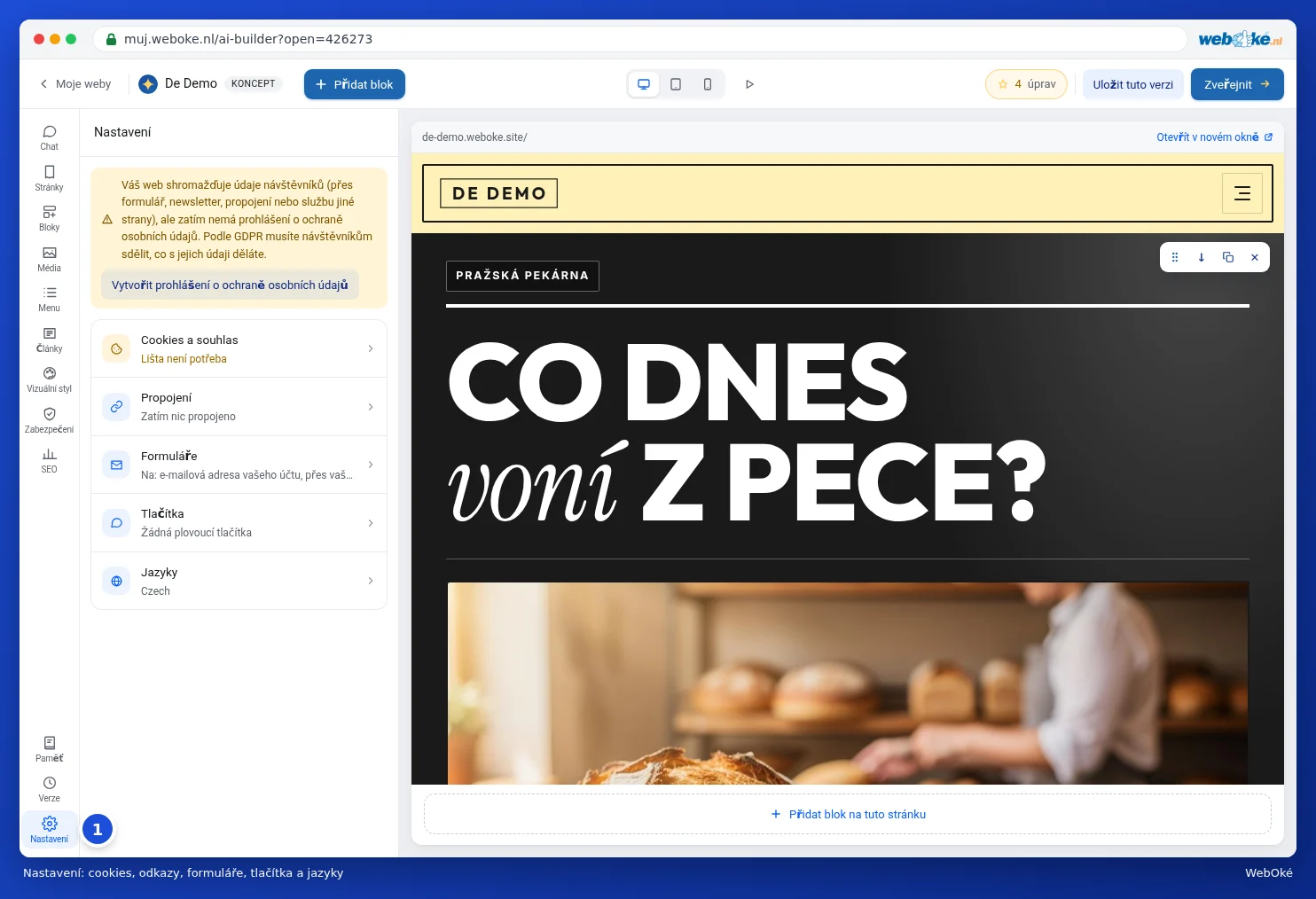 Panel Nastavení s cookies, propojeními, formuláři, tlačítky a jazyky