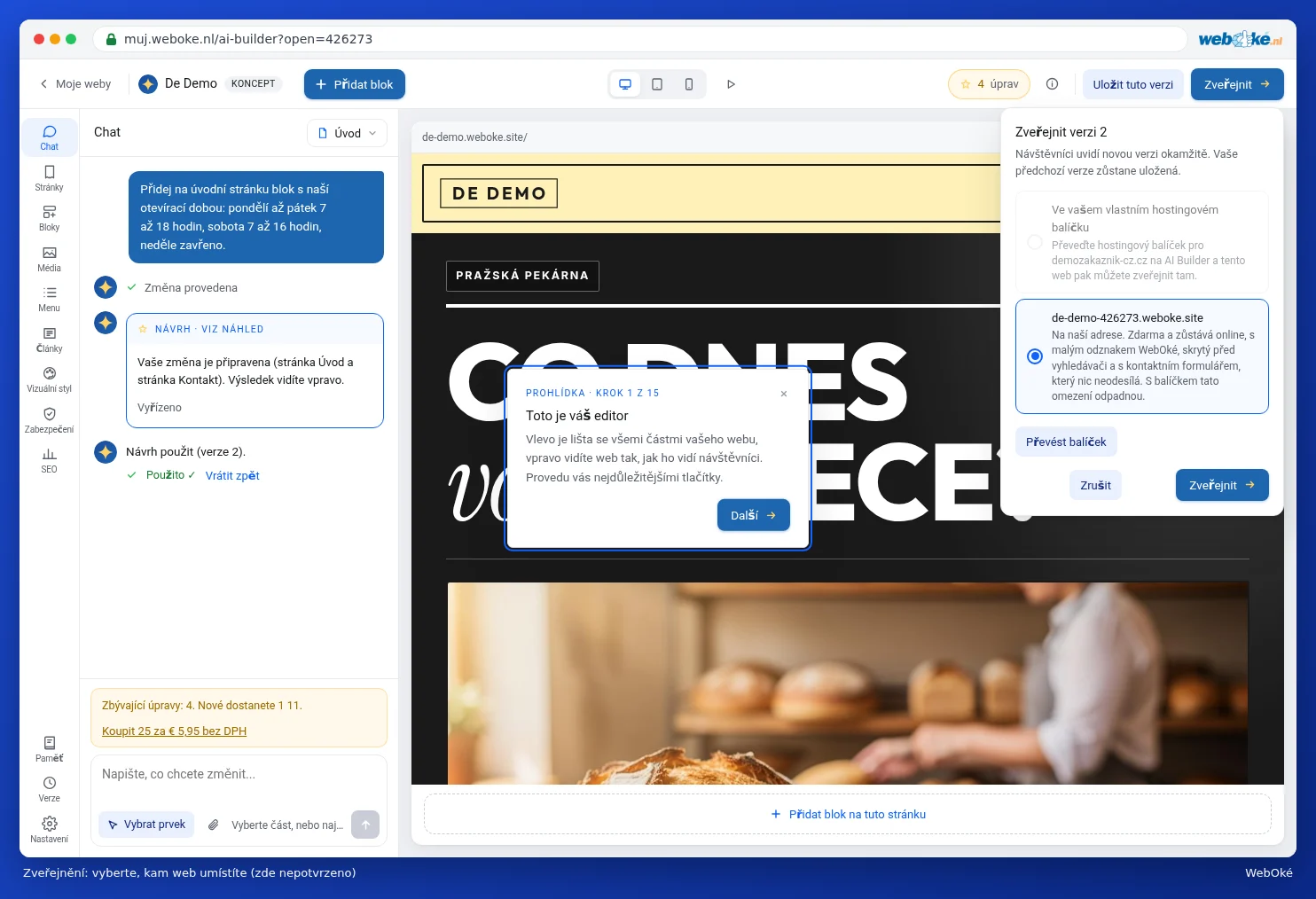 Okno pro zveřejnění verze 1, s volbou mezi bezplatnou adresou nebo vlastním hostingovým balíčkem