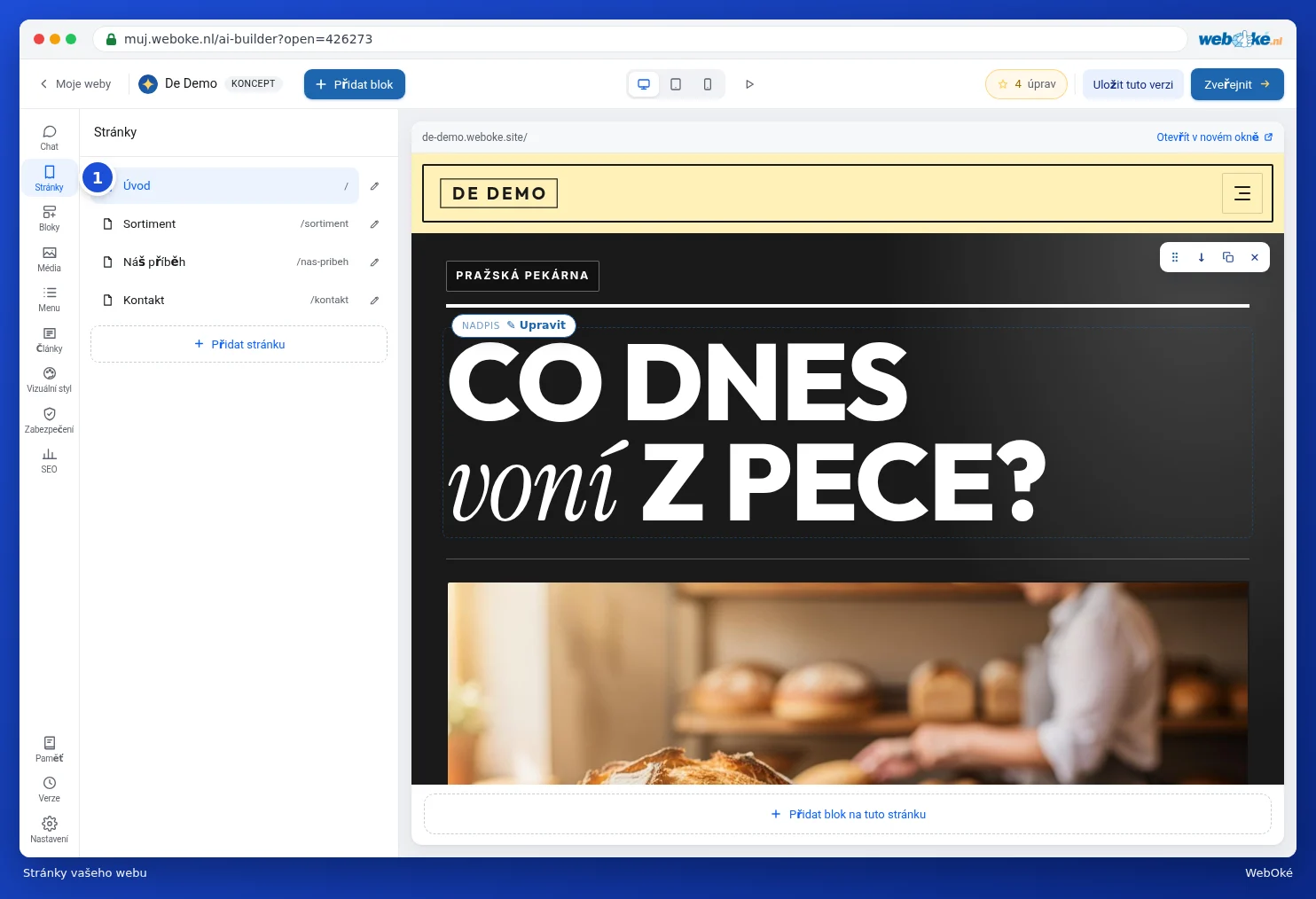 Panel Stránky se stránkami Domů, Sortiment, Pekaři a Kontakt