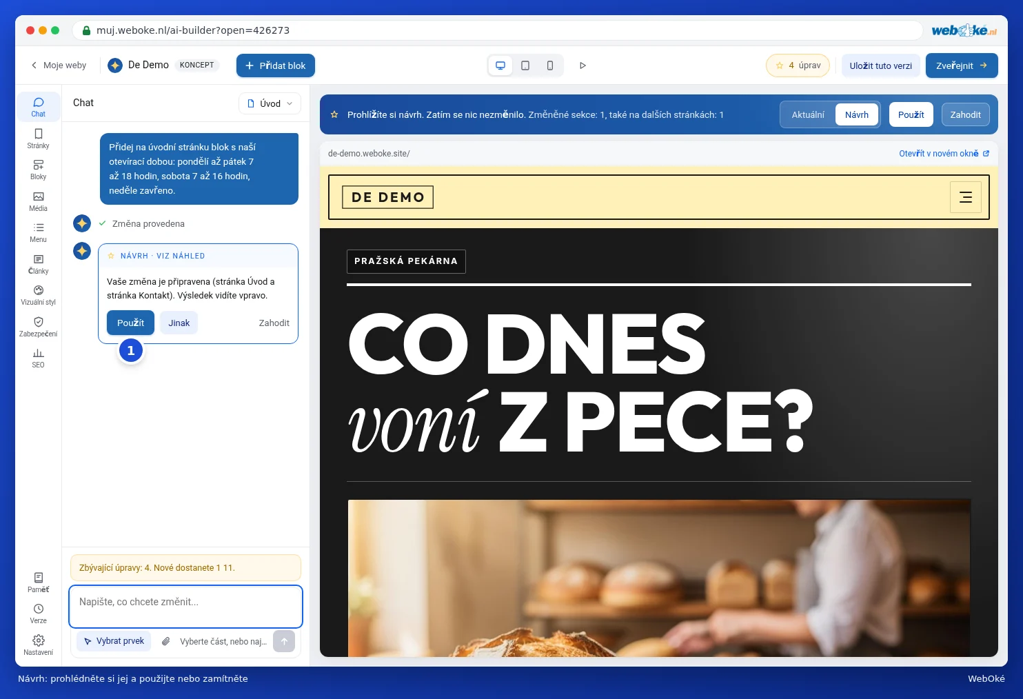 Návrh od AI s tlačítky Použít, Jinak a Zahodit