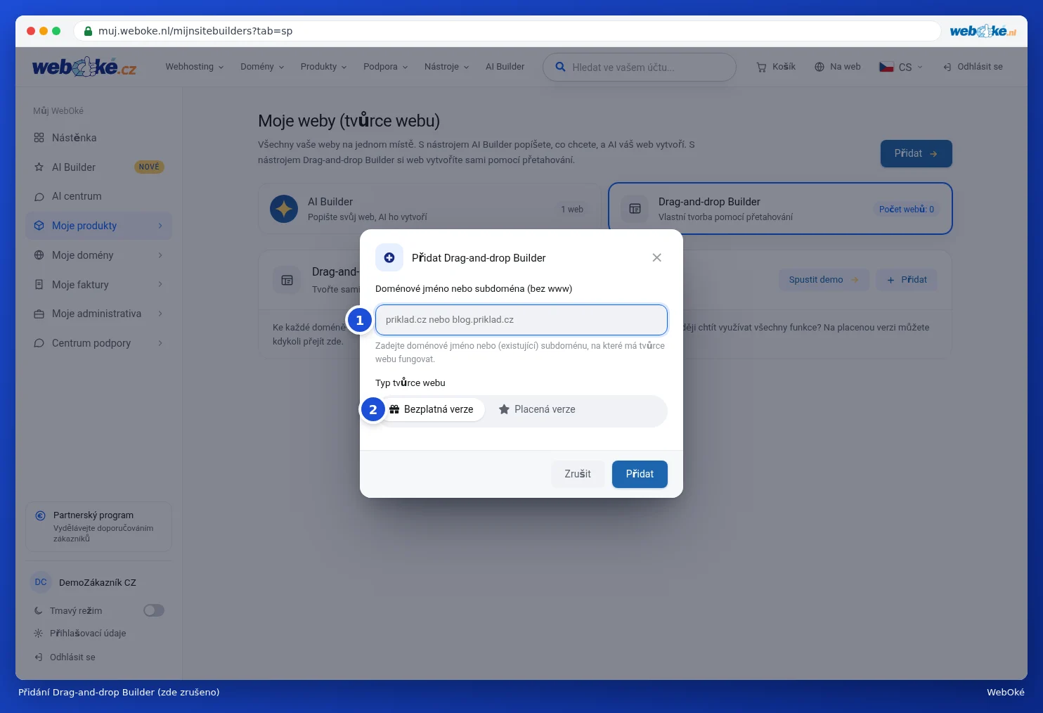Okno Přidat Drag-and-drop Builder s polem pro doménové jméno