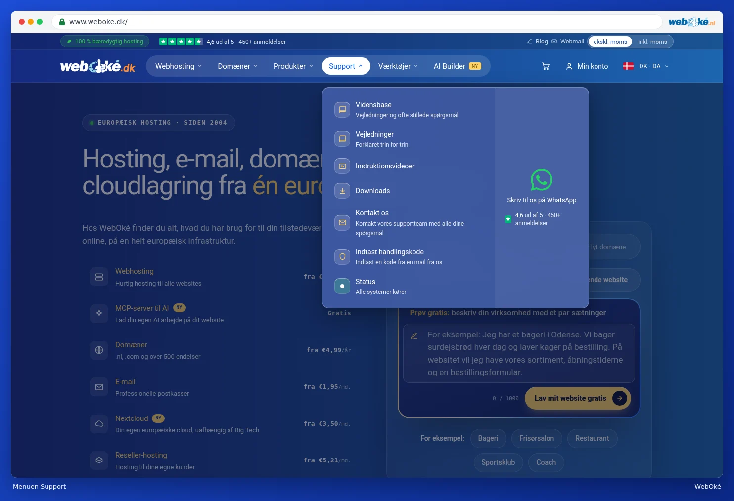 Den udfoldede menu Support