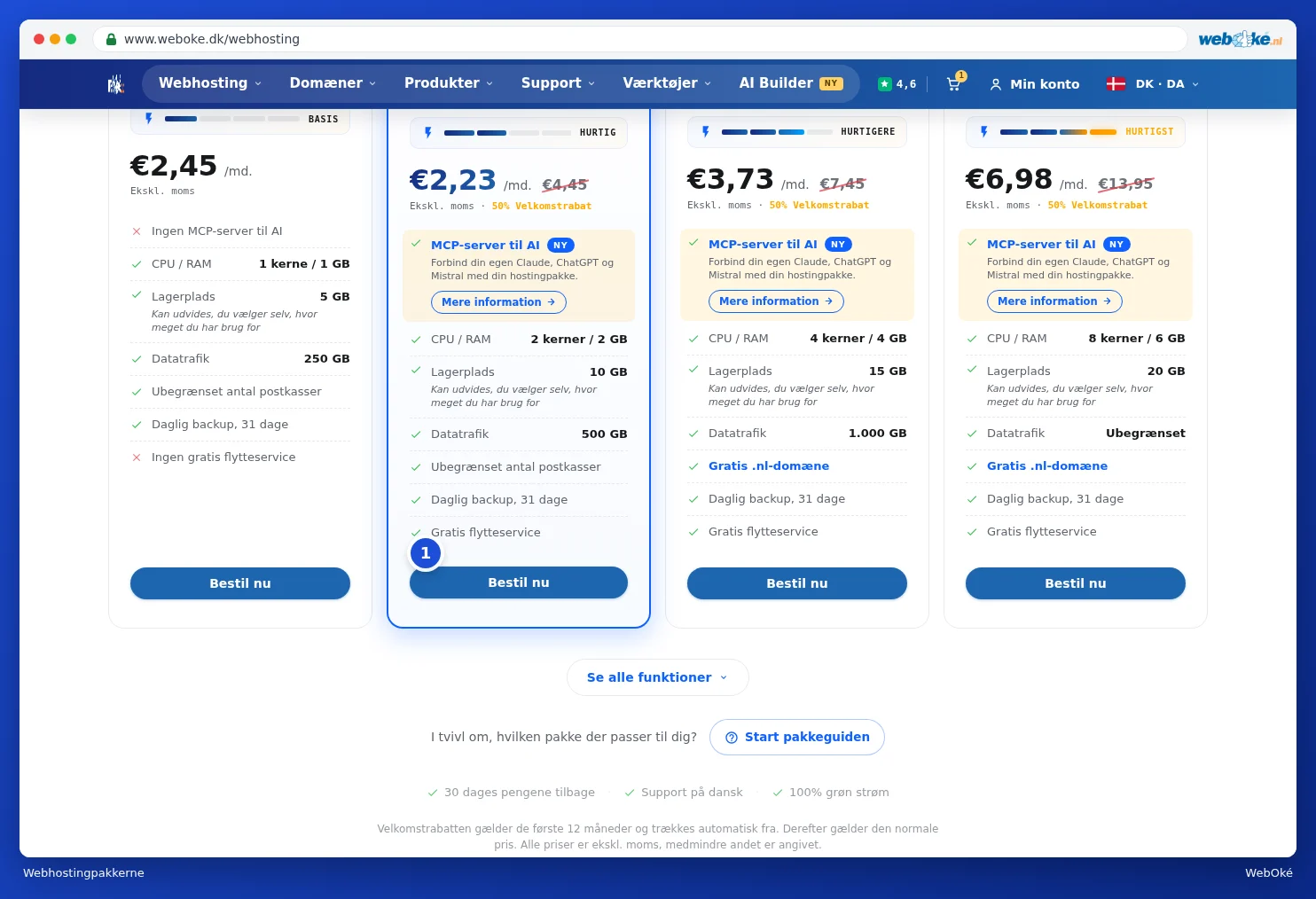 Webhostingpakkerne ved siden af hinanden