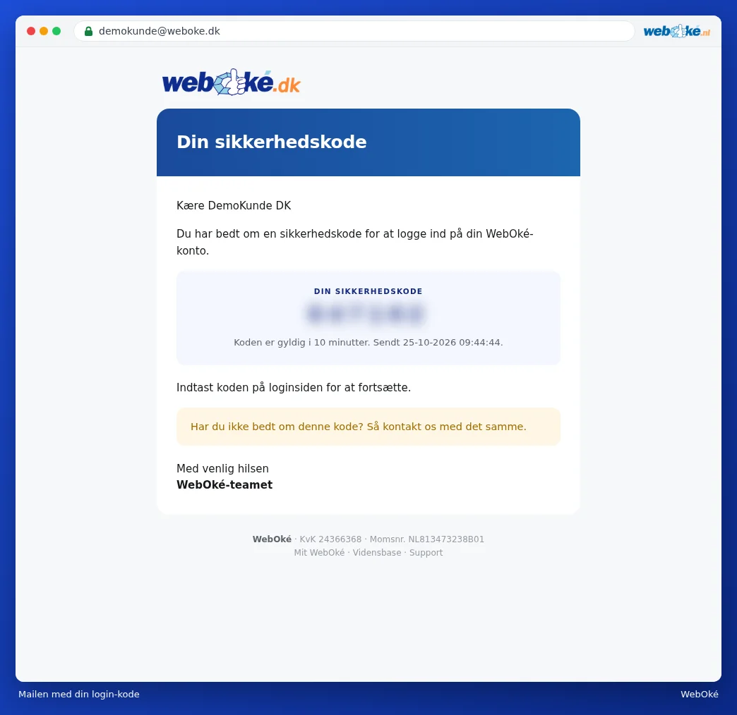E-mailen Din sikkerhedskode med koden på 6 cifre
