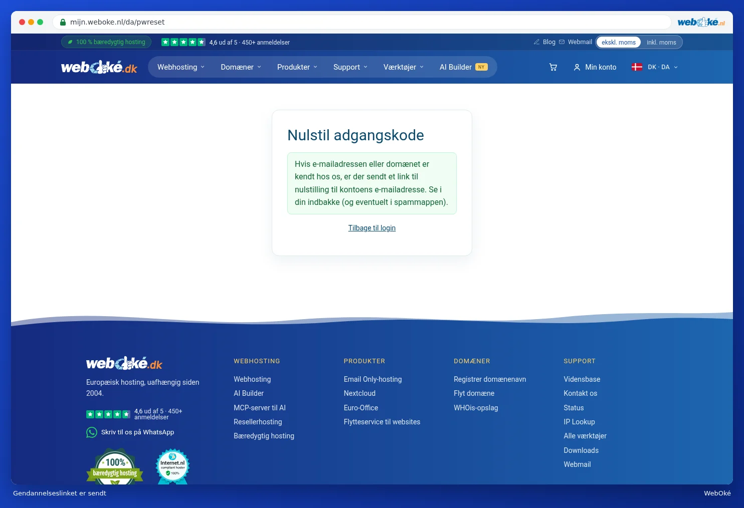Beskeden om, at der er sendt et link til nulstilling