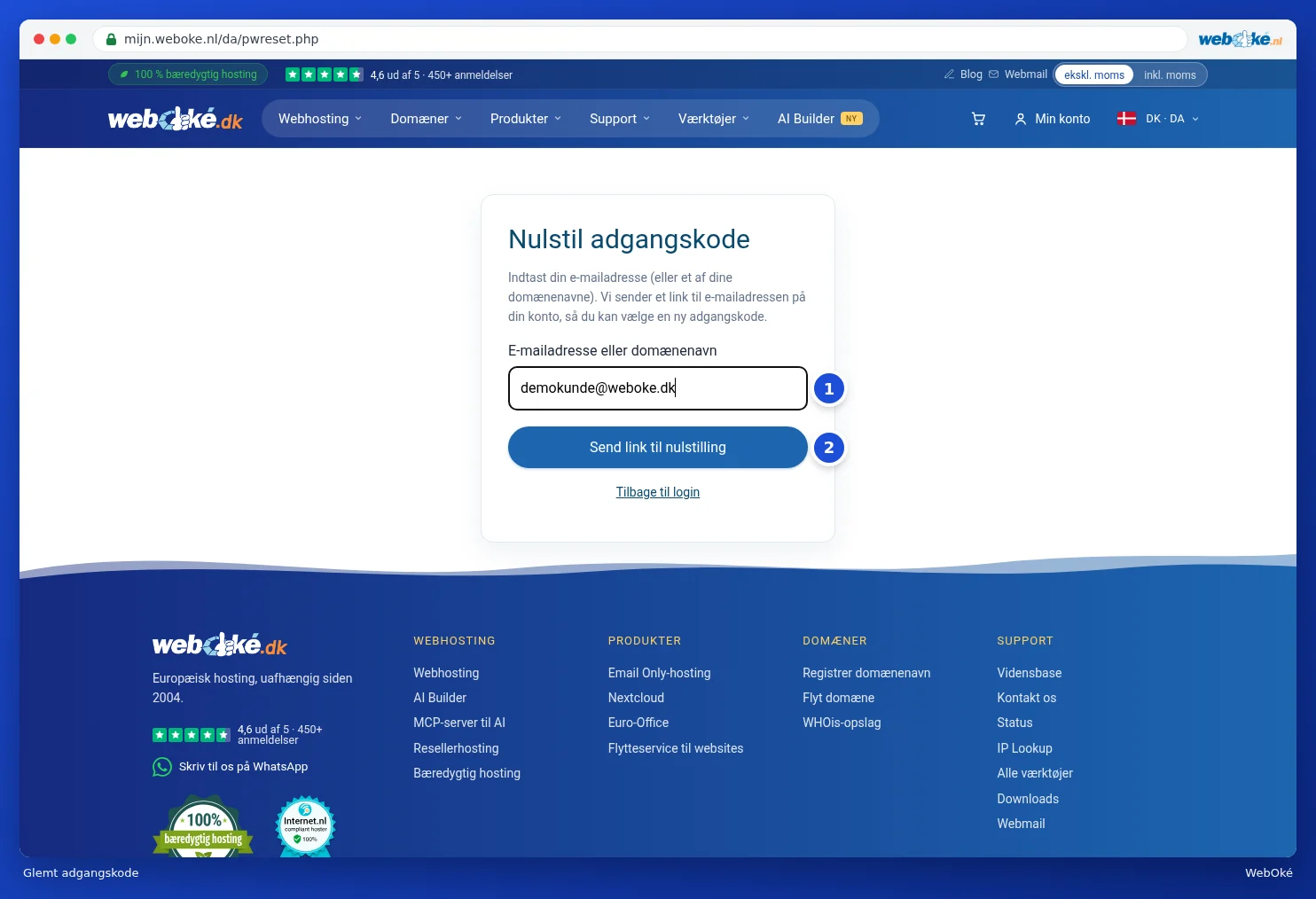 Skærmbilledet Nulstil adgangskode med feltet E-mailadresse eller domænenavn