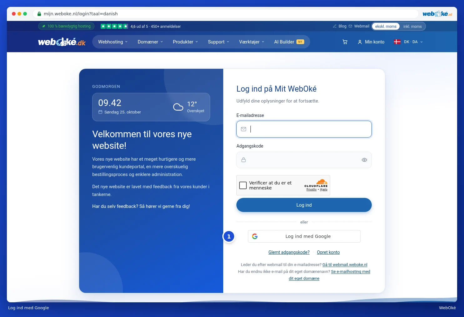 Loginsiden med knappen Log ind med Google