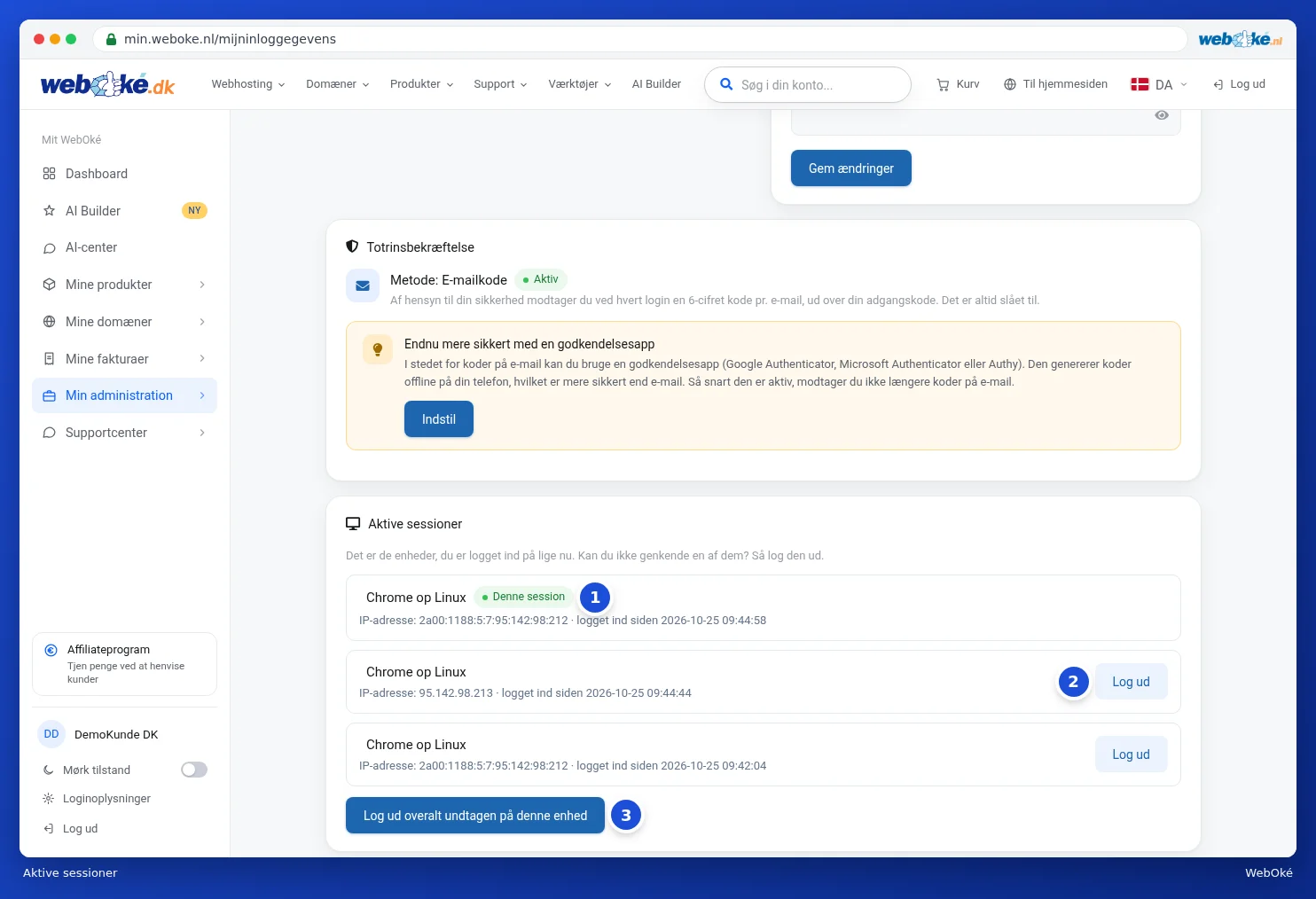 Kortet Aktive sessioner med browser, IP-adresse og logintidspunkt for hver session