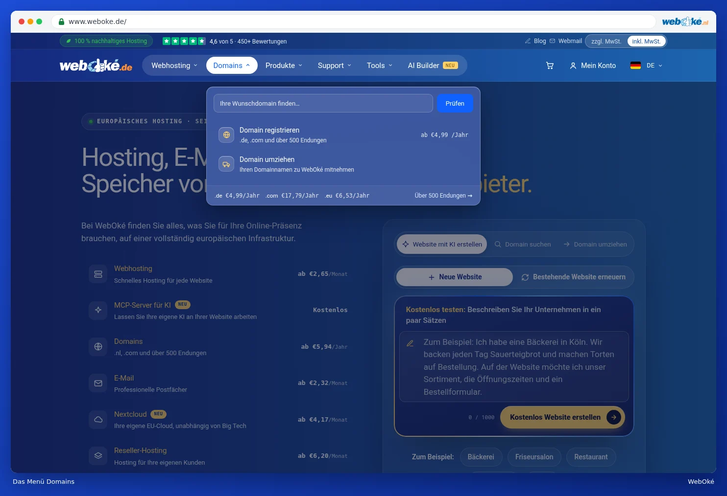 Das ausgeklappte Menü Domains
