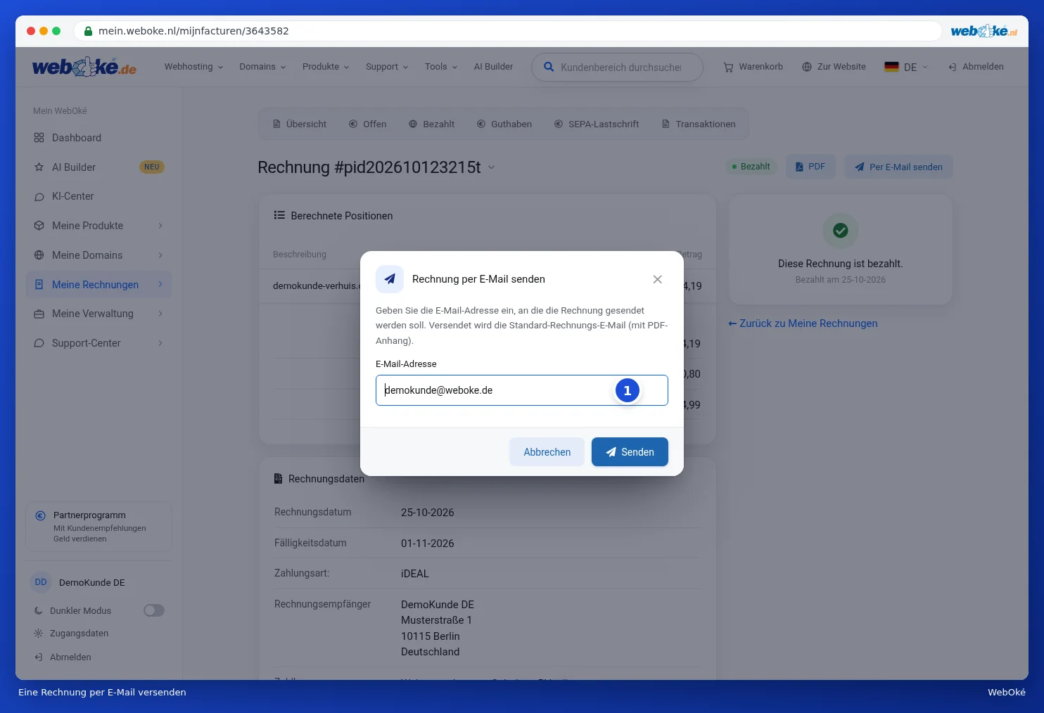 Das Fenster Rechnung per E-Mail senden mit der E-Mail-Adresse