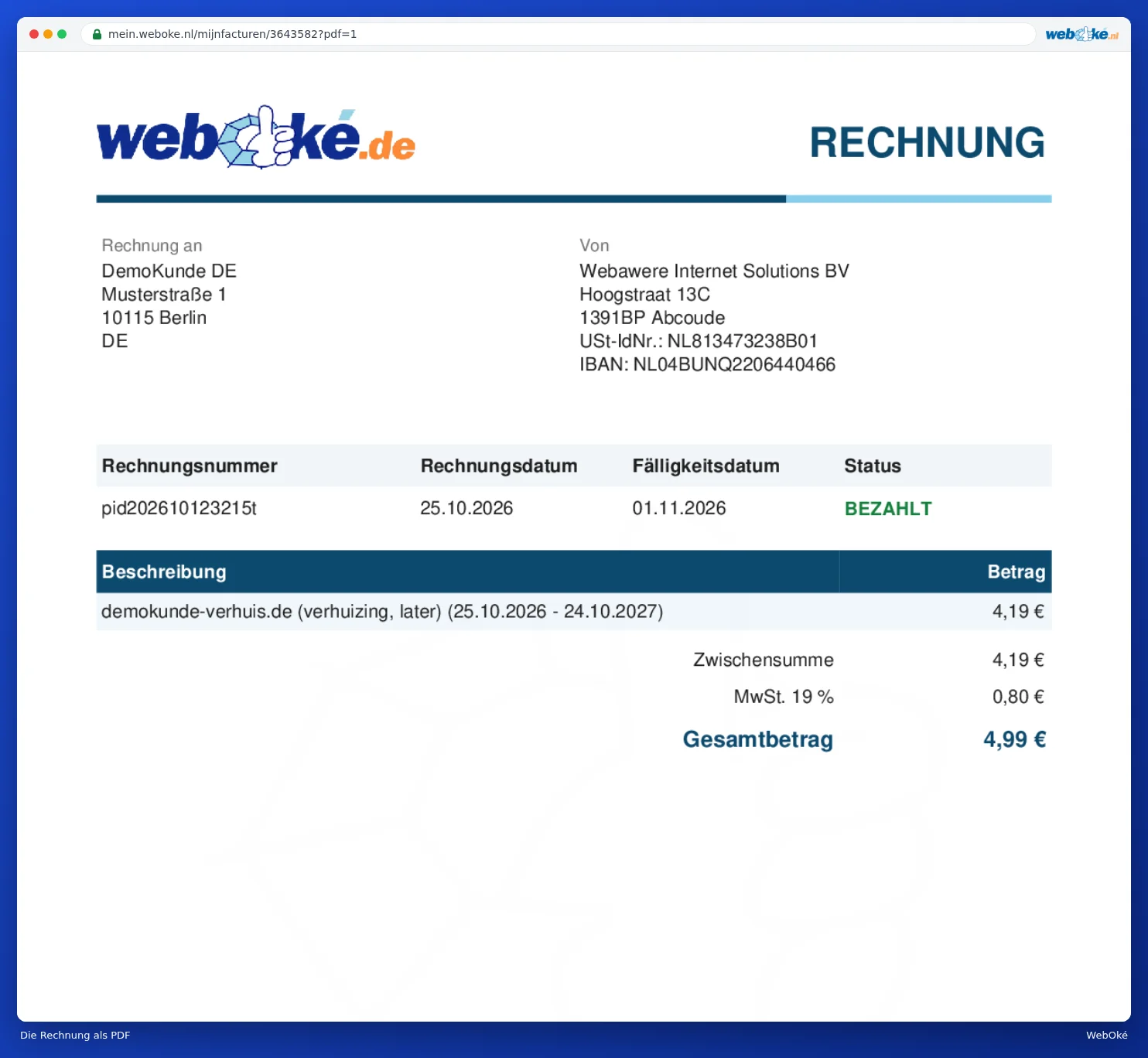Eine Rechnung als PDF mit Adressen, Positionen, MwSt. und Gesamtbetrag