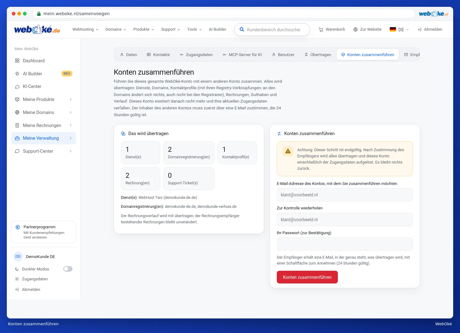Die Registerkarte Konten zusammenführen mit dem, was übertragen wird, und dem Formular