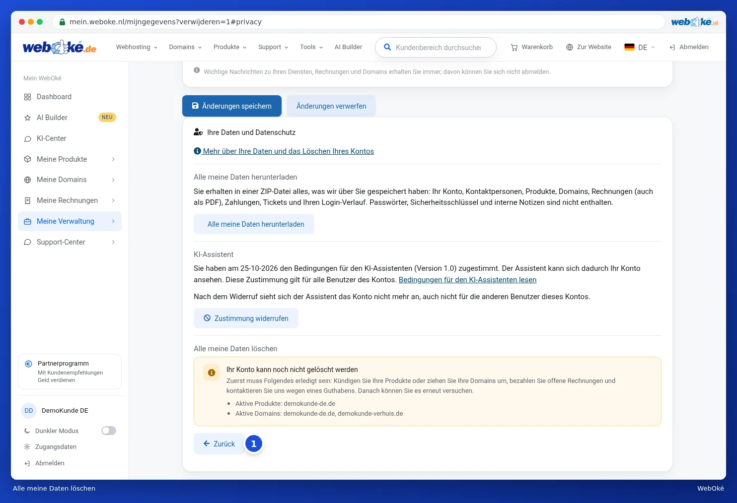 Die Meldung Ihr Konto kann noch nicht gelöscht werden mit den aktiven Produkten und Domains