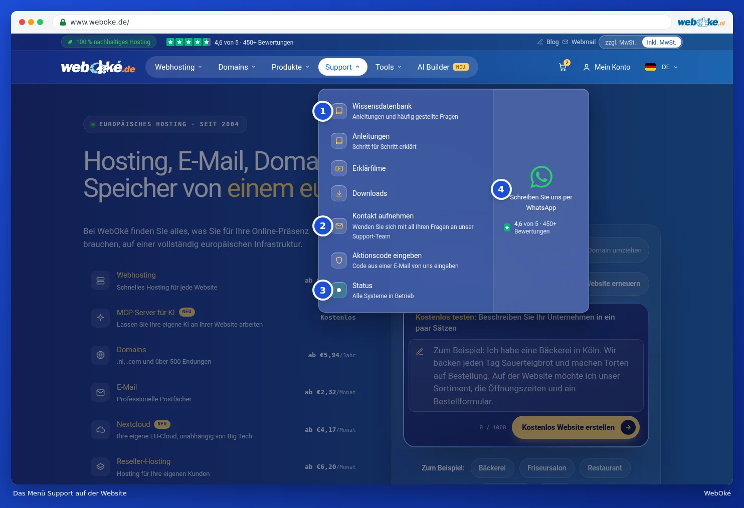 Das geöffnete Menü Support auf der Website mit Wissensdatenbank, Anleitungen, Erklärvideos, Downloads, Kontakt aufnehmen, Aktionscode und Status