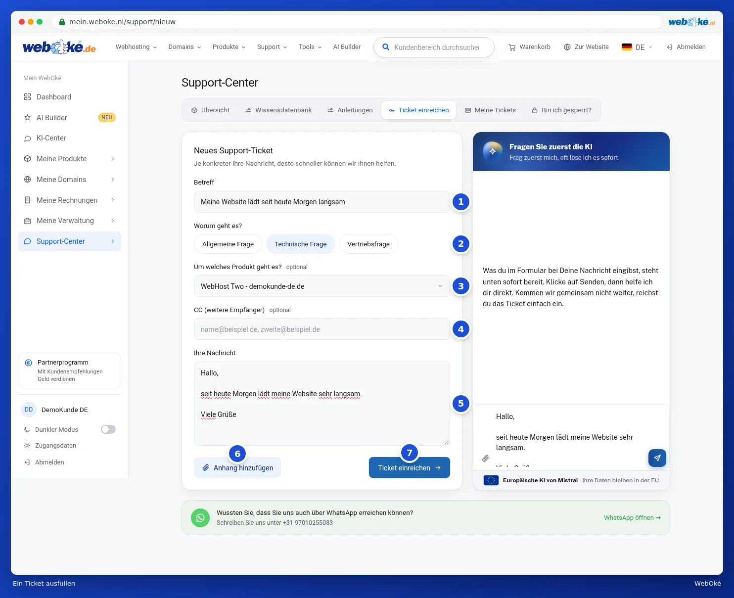 Das ausgefüllte Formular Neues Support-Ticket mit Betreff, Art der Frage, Produkt, CC und Nachricht