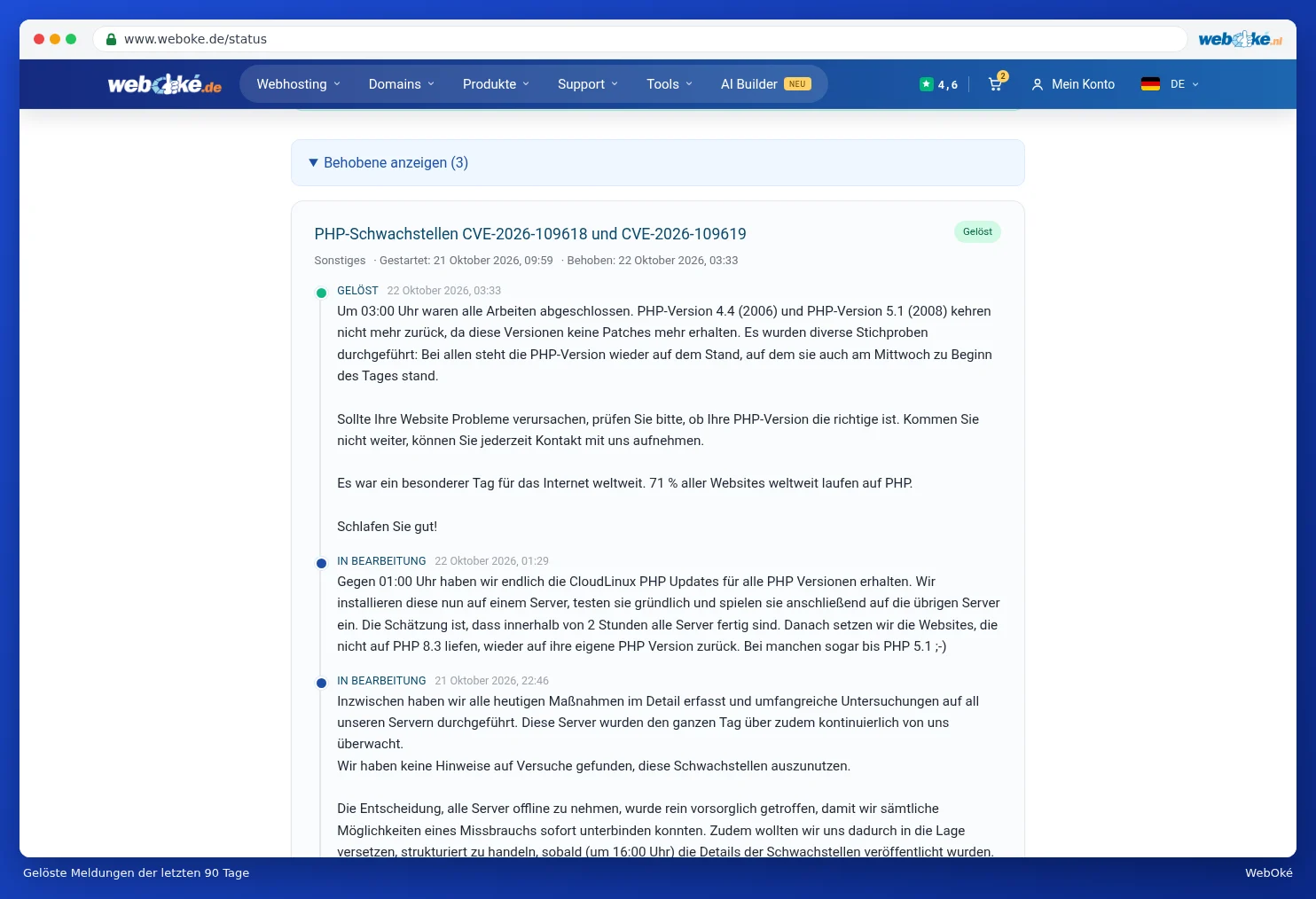 Eine behobene Meldung mit der Zeitleiste der Updates