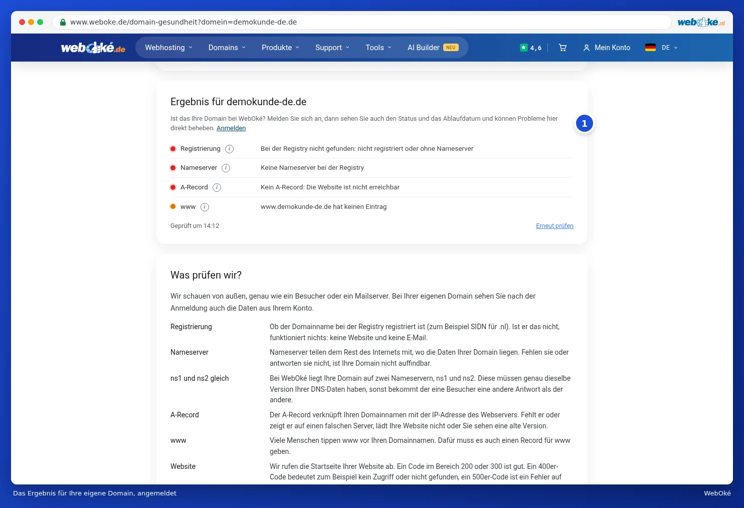 Das Ergebnis für die eigene Domain des Demokunden, mit Zeilen zu Status, Ablauf, Quarantäne und Hosting-Paket