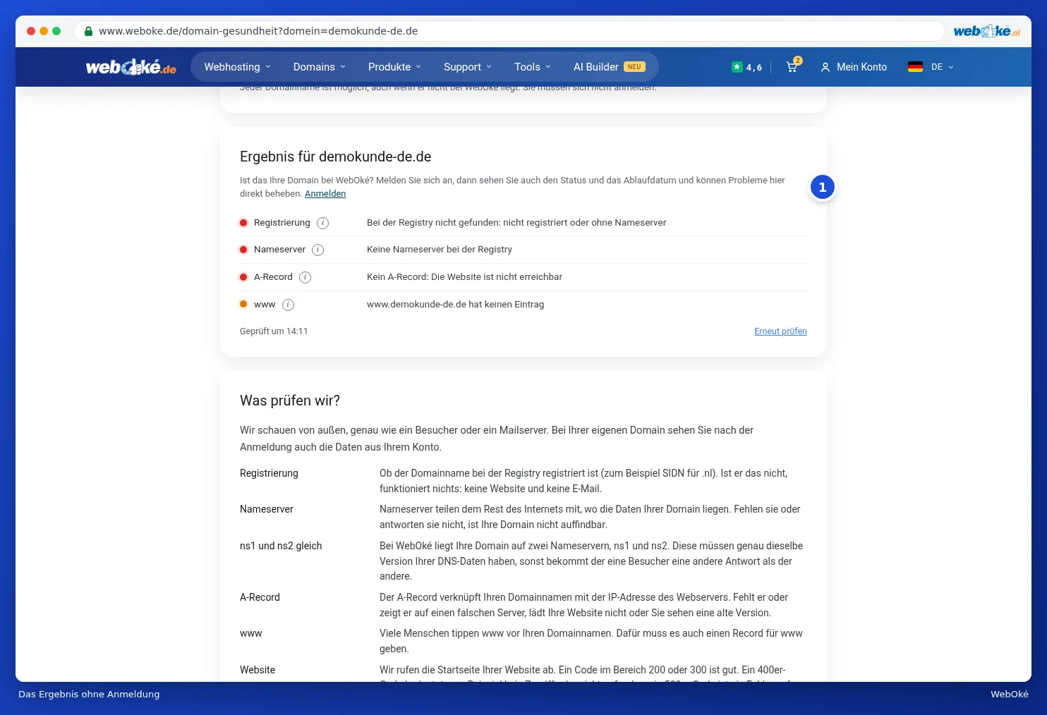 Das Ergebnis für eine Domain ohne Anmeldung, mit roten und orangefarbenen Punkten und dem Link Anmelden