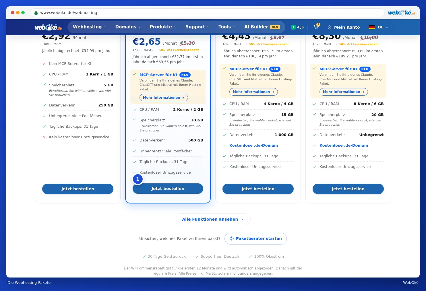 Die Webhosting-Pakete nebeneinander