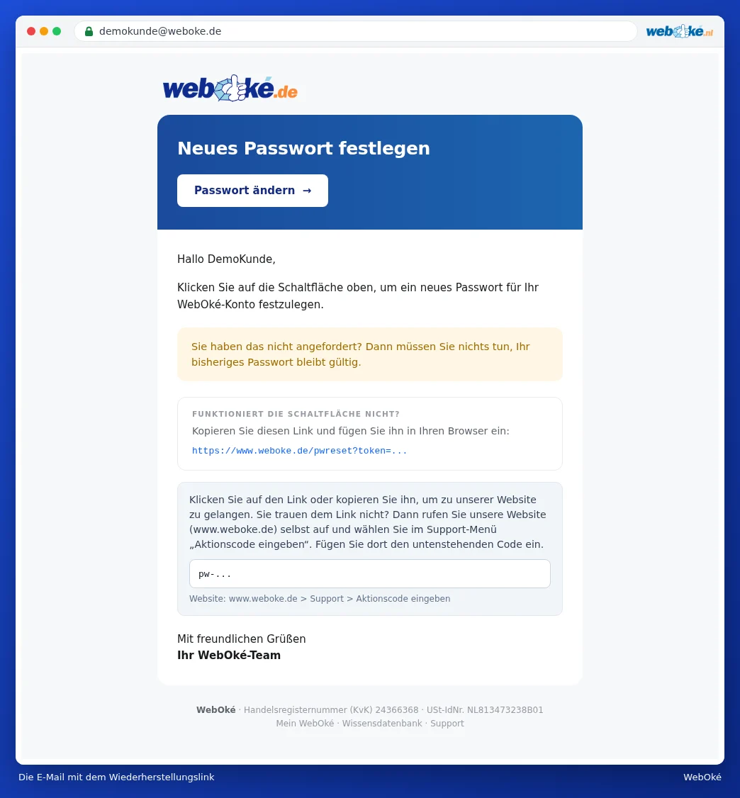 Die E-Mail Neues Passwort festlegen mit der Schaltfläche Passwort ändern