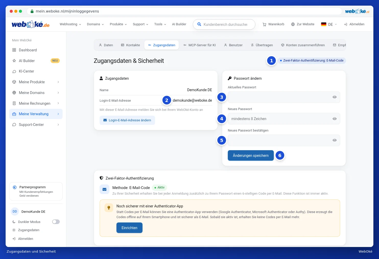 Der Bildschirm Zugangsdaten und Sicherheit mit der Login-E-Mail-Adresse und der Karte Passwort ändern