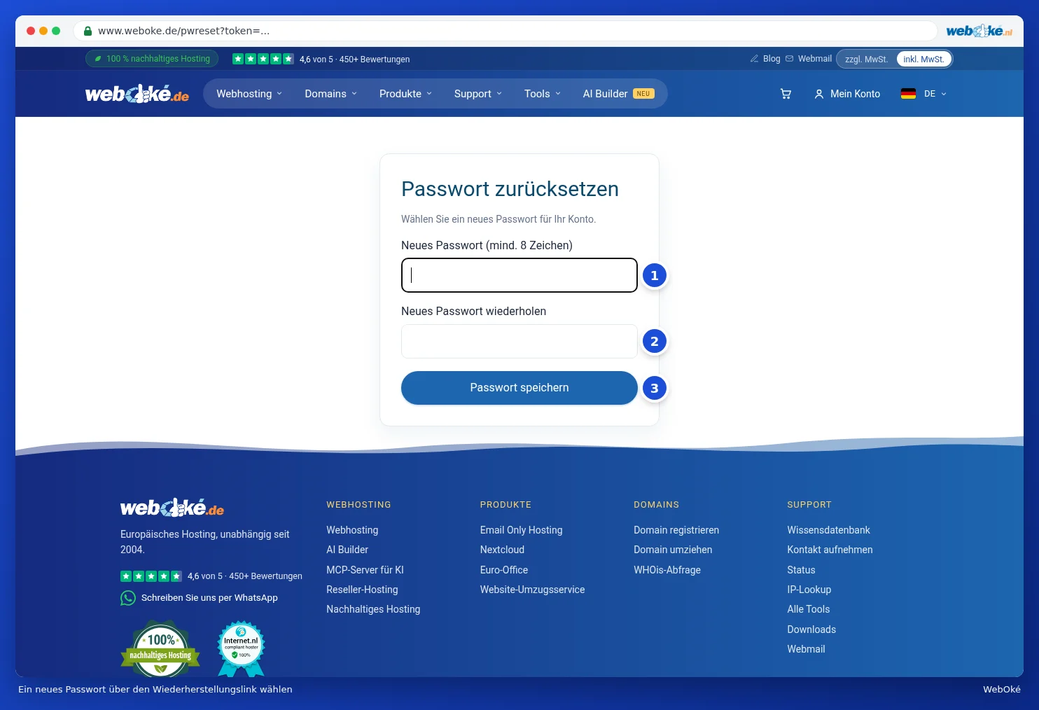 Der Bildschirm zur Wahl eines neuen Passworts, mit zwei Passwortfeldern und der Schaltfläche Passwort speichern