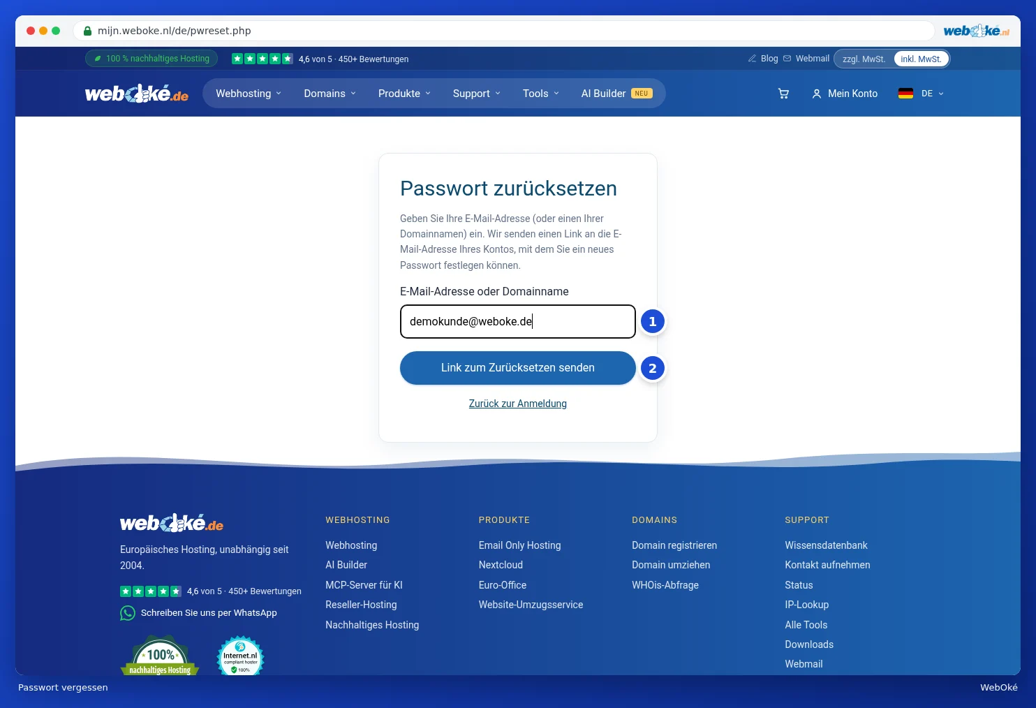 Der Bildschirm Passwort erneut festlegen mit dem Feld E-Mail-Adresse oder Domainname