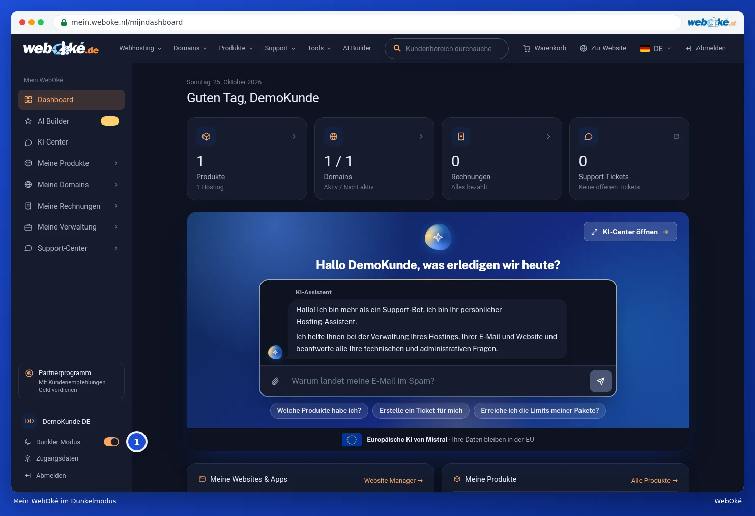 Das Dashboard im Dunkelmodus mit aktiviertem Schalter Dunkelmodus
