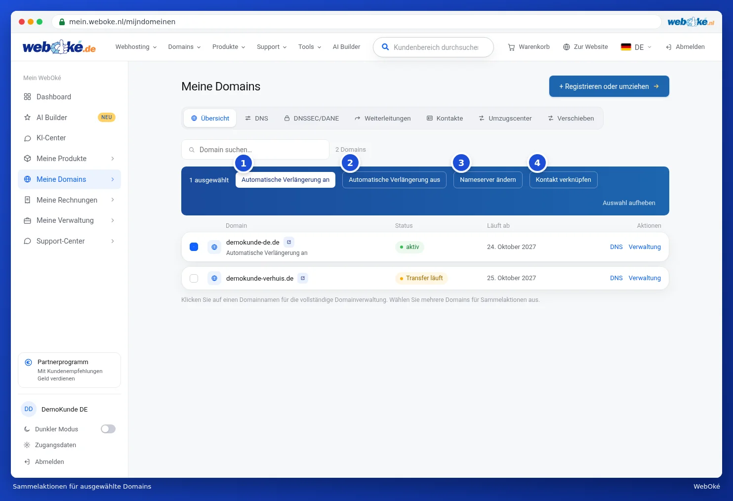 Die blaue Leiste mit Aktionen für die ausgewählten Domains