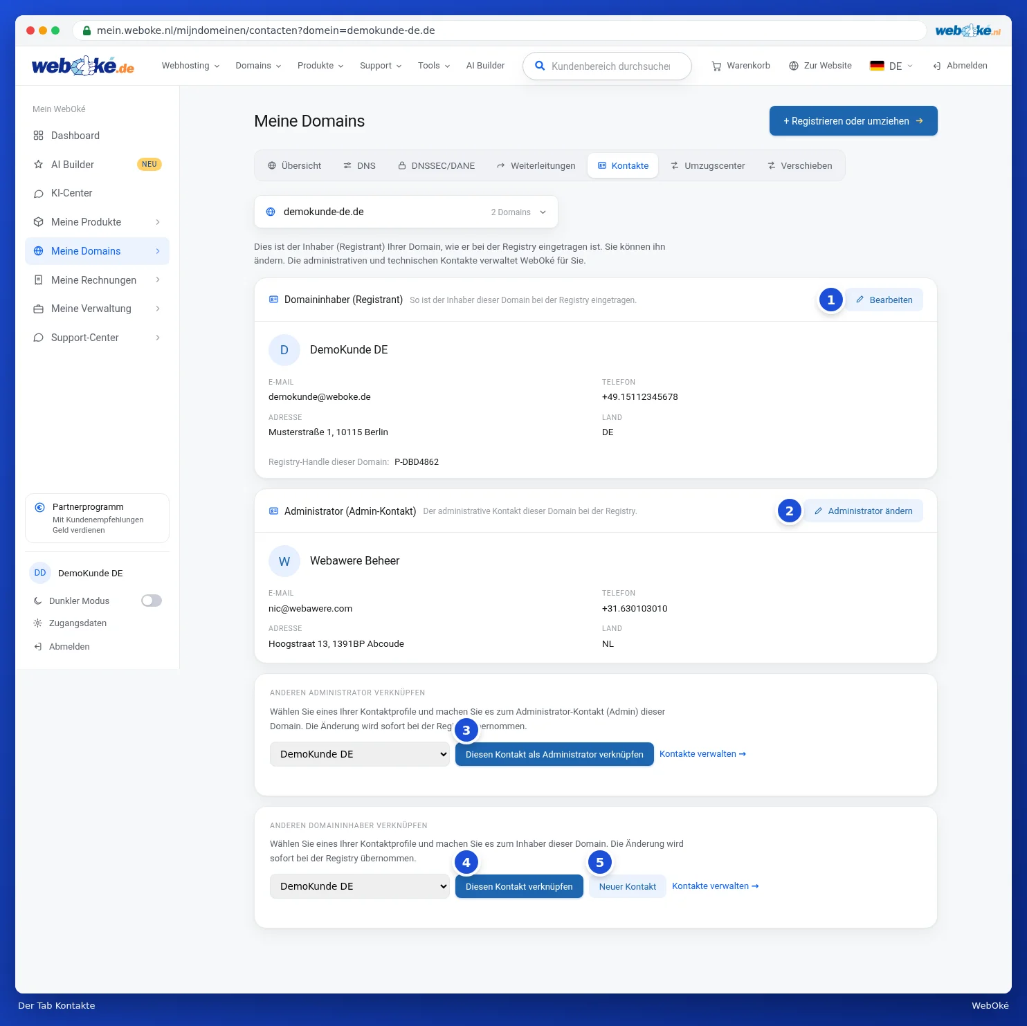 Der Tab Kontakte mit dem Inhaber, dem Administrator und den Blöcken, um einen anderen Kontakt zu verknüpfen