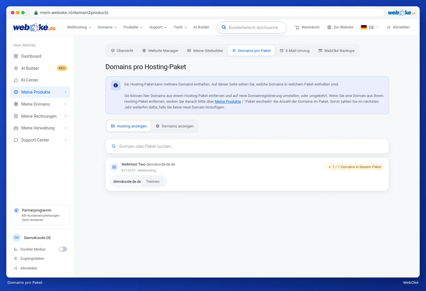 Der Bildschirm Domains pro Hostingpaket mit einem Paket und seiner Domain