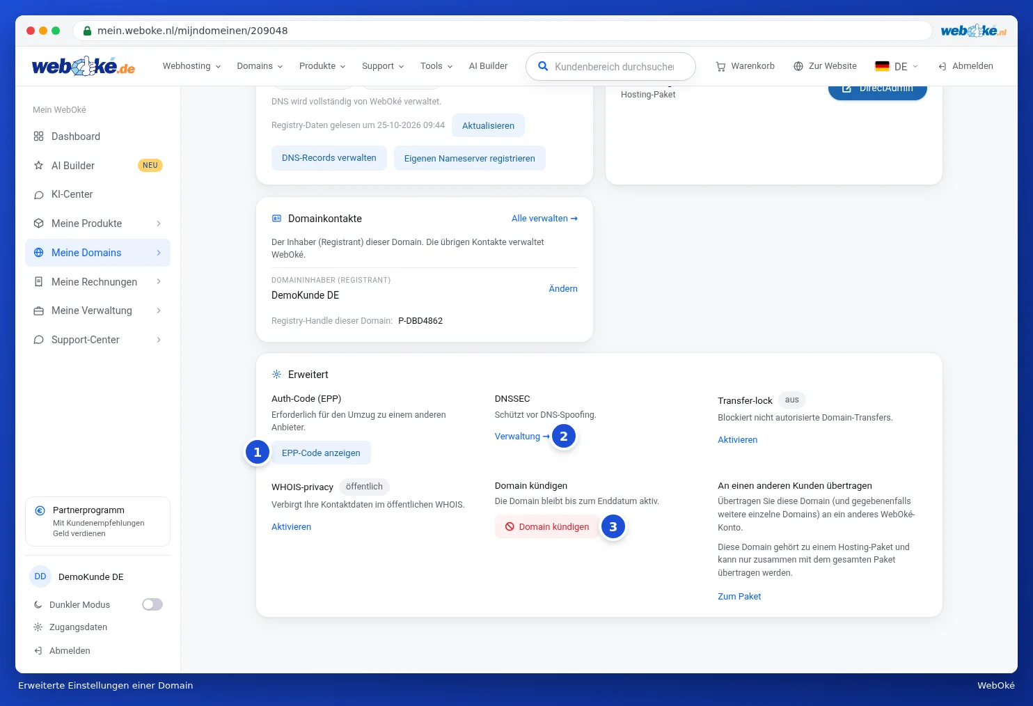 Die Karte Erweitert mit unter anderem WHOIS-Datenschutz