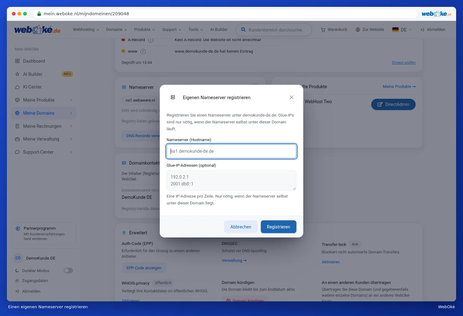 Das Fenster Eigenen Nameserver registrieren