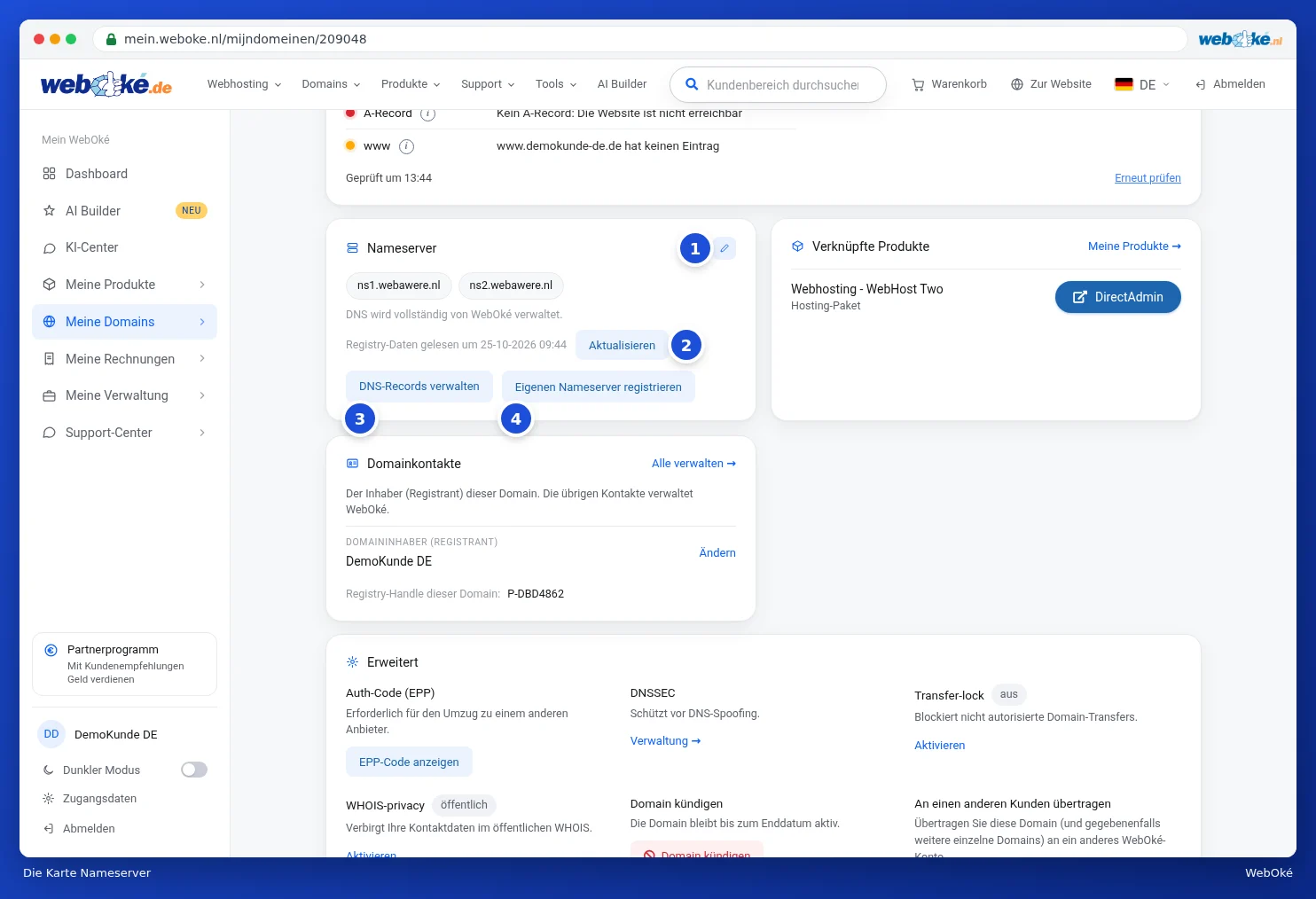 Die Karte Nameserver mit den aktuellen Nameservern und den Schaltflächen