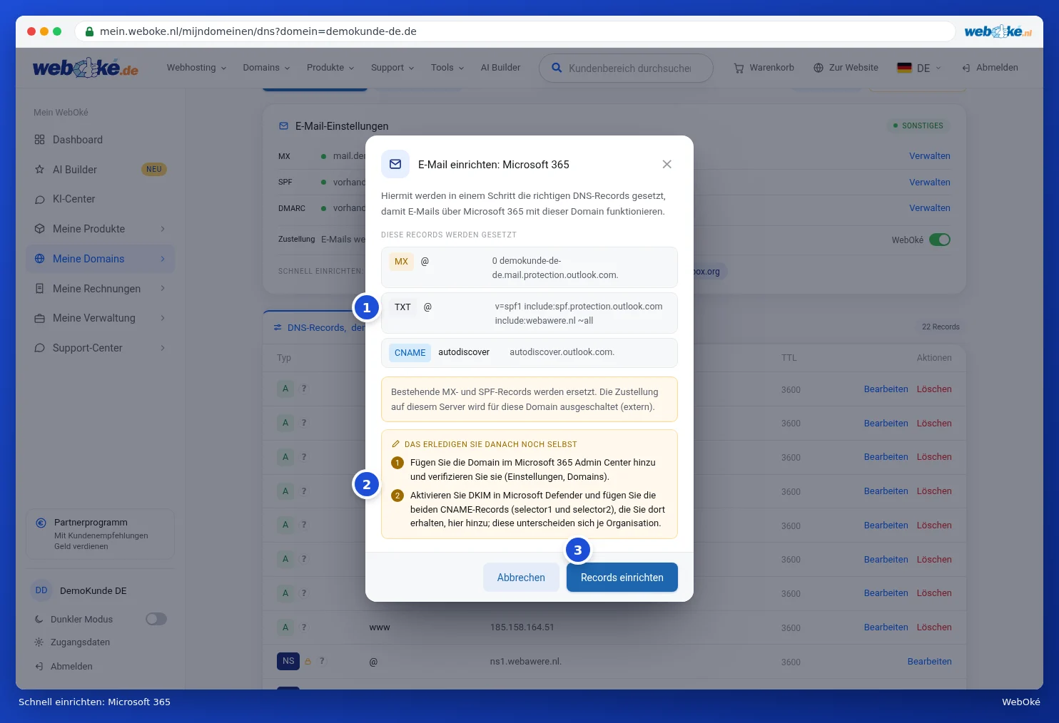 Das Fenster E-Mail einrichten für Microsoft 365 mit den Records und den Schritten, die Sie selbst noch erledigen