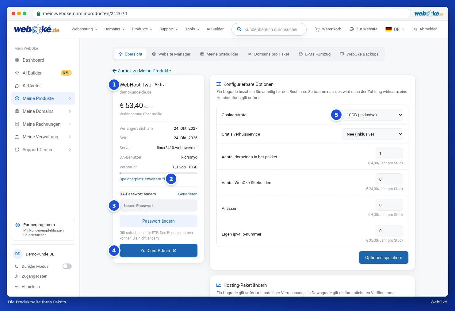 Die Produktseite von WebHost Two mit links den Paketdaten und rechts den konfigurierbaren Optionen