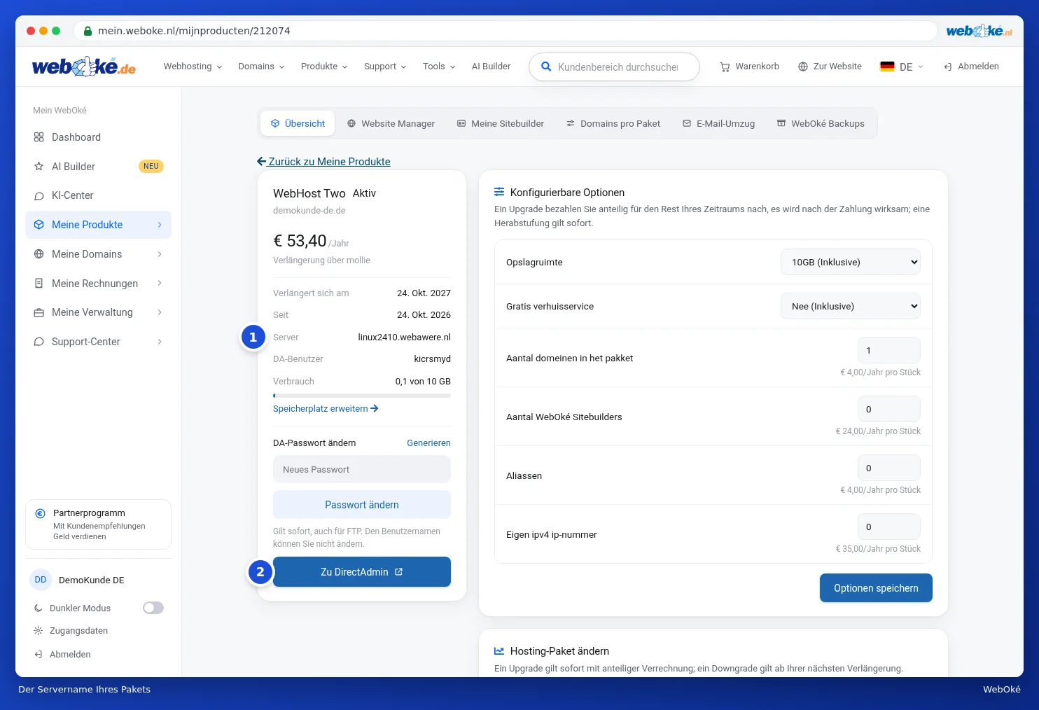 Die Produktseite mit dem Servernamen bei Server und der Schaltfläche Zu DirectAdmin